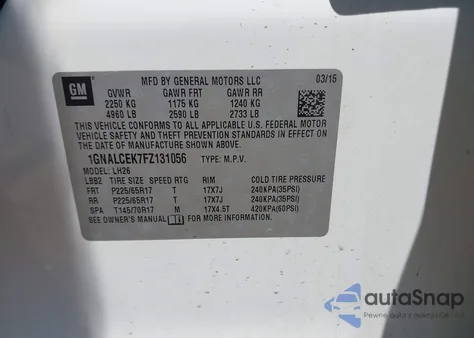 2015 Chevrolet Equinox 2Lt из США, поврежденный, VIN 1GNALCEK7FZ131056